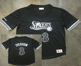 Men's Philadelphia 76ers #3 Allen Iverson Black Short-Sleeved Swingman Stitched NBA Throwback Jersey