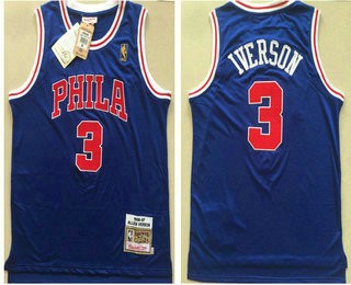 Men's Philadelphia 76ers #3 Allen Iverson Blue AU ALL Stitched Swingman Throwback Jersey