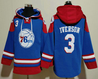 Men's Philadelphia 76ers #3 Allen Iverson Blue Ageless Must Have Lace Up Pullover Hoodie