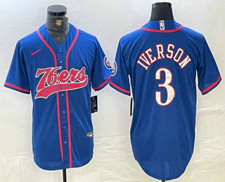 Men's Philadelphia 76ers #3 Allen Iverson Blue With Patch Cool Base Stitched Baseball Jersey