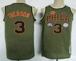 Men's Philadelphia 76ers #3 Allen Iverson Green Military Flight patchs Throwback Jersey