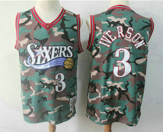 Men's Philadelphia 76ers #3 Allen Iverson NEW 1996-97 Woodland Camo Hardwood Classics Soul Swingman Throwback Jersey