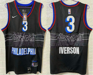 Men's Philadelphia 76ers #3 Allen Iverson NEW Black Nike 2021 Swingman City Edition Jersey