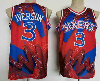 Men's Philadelphia 76ers #3 Allen Iverson Red Floral Laser Printing Throwback Jersey