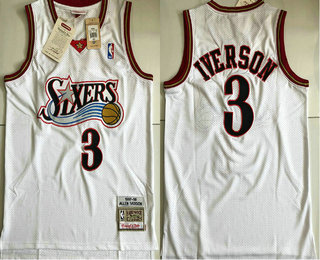 Men's Philadelphia 76ers #3 Allen Iverson White 1997-98 Hardwood Classics Soul AU Throwback Jersey