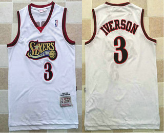 Men's Philadelphia 76ers #3 Allen Iverson White 1997-98 Hardwood Classics Soul AU Throwback Jersey