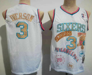 Men's Philadelphia 76ers #3 Allen Iverson White Swingman Stitched Throwback Jersey 01