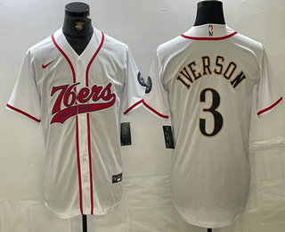 Men's Philadelphia 76ers #3 Allen Iverson White With Patch Cool Base Stitched Baseball Jersey