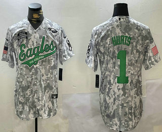 Men's Philadelphia Eagles #1 Jalen Hurts Arctic Camo 2024 Salute to Service Stitched Baseball Jersey