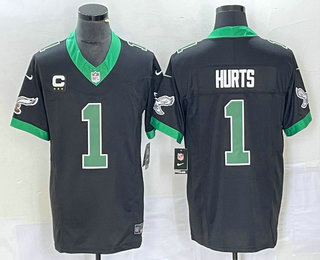 Men's Philadelphia Eagles #1 Jalen Hurts Black C Patch 2023 FUSE Vapor Limited Throwback Stitched Jersey