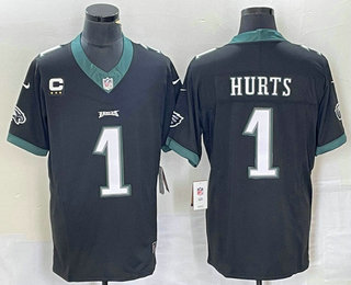 Men's Philadelphia Eagles #1 Jalen Hurts Black C Patch 2023 FUSE Vapor Untouchable Stitched Jersey