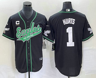 Men's Philadelphia Eagles #1 Jalen Hurts Black C Patch Cool Base Stitched Baseball Jersey 01