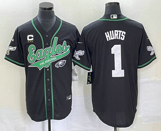 Men's Philadelphia Eagles #1 Jalen Hurts Black C Patch Cool Base Stitched Baseball Jersey 02