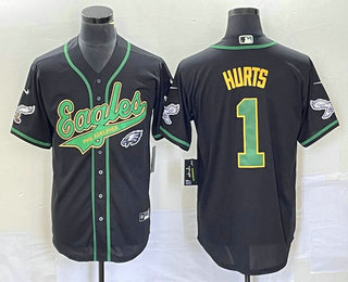 Men's Philadelphia Eagles #1 Jalen Hurts Black Cool Base Stitched Baseball Jersey 01