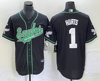 Men's Philadelphia Eagles #1 Jalen Hurts Black Cool Base Stitched Baseball Jersey 01