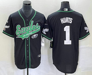 Men's Philadelphia Eagles #1 Jalen Hurts Black Cool Base Stitched Baseball Jersey 02