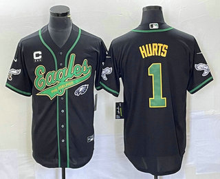 Men's Philadelphia Eagles #1 Jalen Hurts Black With C Patch Cool Base Stitched Baseball Jersey 02