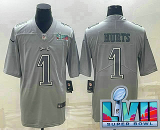 Men's Philadelphia Eagles #1 Jalen Hurts Gray Super Bowl LVII Patch Atmosphere Fashion Stitched Jersey