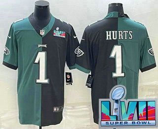 Men's Philadelphia Eagles #1 Jalen Hurts Green Black Two Tone Super Bowl LVII Patch Vapor Untouchable Stitched Limited Jersey