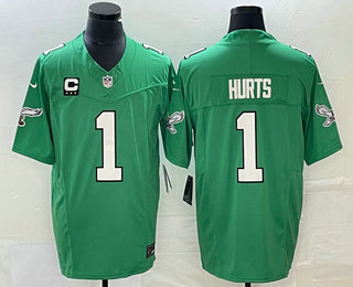 Men's Philadelphia Eagles #1 Jalen Hurts Green C Patch 2023 FUSE Vapor Limited Throwback Stitched Jersey