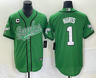 Men's Philadelphia Eagles #1 Jalen Hurts Green C Patch Cool Base Stitched Baseball Jersey 01