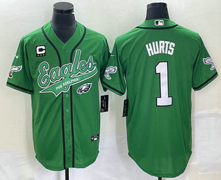 Men's Philadelphia Eagles #1 Jalen Hurts Green C Patch Cool Base Stitched Baseball Jersey 02