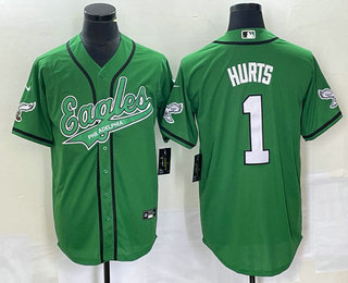 Men's Philadelphia Eagles #1 Jalen Hurts Green Cool Base Stitched Baseball Jersey 01