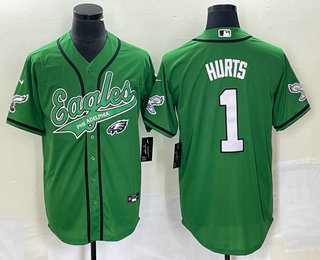 Men's Philadelphia Eagles #1 Jalen Hurts Green Cool Base Stitched Baseball Jersey 02