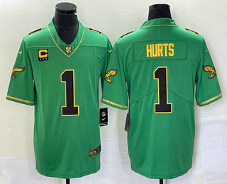 Men's Philadelphia Eagles #1 Jalen Hurts Green Gold C Patch Cool Base Stitched Baseball Jersey 02