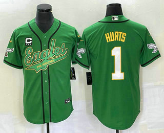 Men's Philadelphia Eagles #1 Jalen Hurts Green Gold Cool Base Stitched Baseball Jersey 01