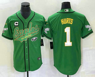 Men's Philadelphia Eagles #1 Jalen Hurts Green Gold Cool Base Stitched Baseball Jersey 02