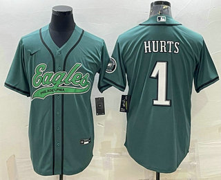 Men's Philadelphia Eagles #1 Jalen Hurts Green With Patch Cool Base Stitched Baseball Jersey