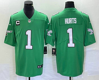 Men's Philadelphia Eagles #1 Jalen Hurts Green C Patch 2023 Vapor Limited Throwback Jersey