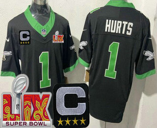 Men's Philadelphia Eagles #1 Jalen Hurts Limited Black Alternate C Patch Super Bowl LIX FUSE Vapor Jersey