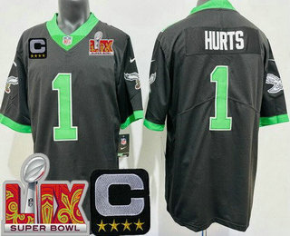 Men's Philadelphia Eagles #1 Jalen Hurts Limited Black Alternate C Patch Super Bowl LIX Vapor Jersey