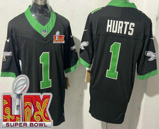 Men's Philadelphia Eagles #1 Jalen Hurts Limited Black Alternate Super Bowl LIX FUSE Vapor Jersey