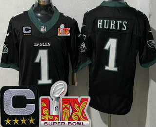 Men's Philadelphia Eagles #1 Jalen Hurts Limited Black C Patch Super Bowl LIX FUSE Vapor Jersey