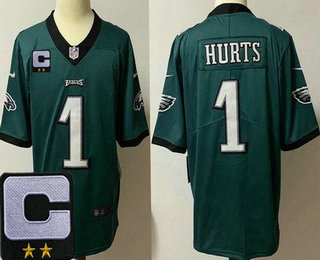 Men's Philadelphia Eagles #1 Jalen Hurts Limited Green 2022 Captain Patch Vapor Jersey