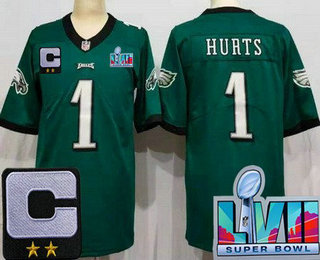 Men's Philadelphia Eagles #1 Jalen Hurts Limited Green C Patch Super Bowl LVII Vapor Jersey