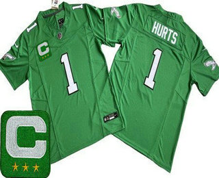 Men's Philadelphia Eagles #1 Jalen Hurts Limited Kelly Green C Patch FUSE Vapor Jersey