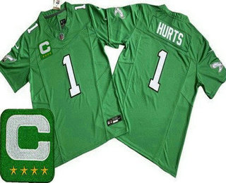 Men's Philadelphia Eagles #1 Jalen Hurts Limited Kelly Green C Patch FUSE Vapor Jersey