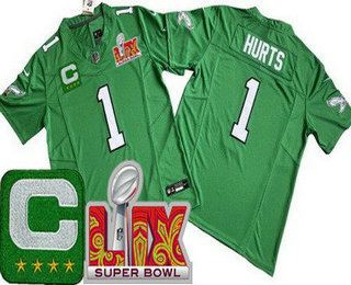 Men's Philadelphia Eagles #1 Jalen Hurts Limited Kelly Green C Patch Super Bowl LIX FUSE Vapor Jersey