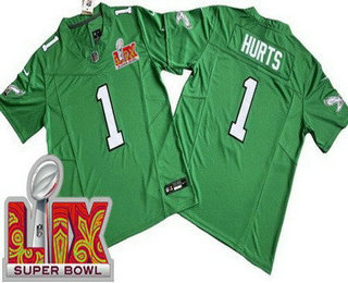 Men's Philadelphia Eagles #1 Jalen Hurts Limited Kelly Green Super Bowl LIX FUSE Vapor Jersey