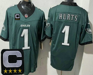 Men's Philadelphia Eagles #1 Jalen Hurts Limited Midnight Green C Patch FUSE Vapor Jersey