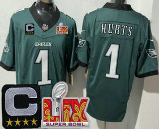 Men's Philadelphia Eagles #1 Jalen Hurts Limited Midnight Green C Patch Super Bowl LIX FUSE Vapor Jersey