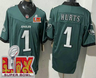 Men's Philadelphia Eagles #1 Jalen Hurts Limited Midnight Green Super Bowl LIX FUSE Vapor Jersey