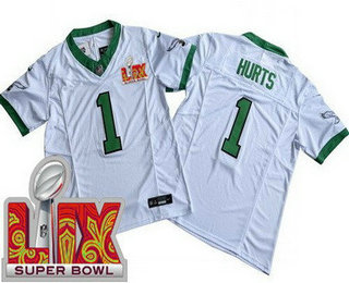 Men's Philadelphia Eagles #1 Jalen Hurts Limited White Alternate Super Bowl LIX FUSE Vapor Jersey