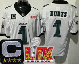 Men's Philadelphia Eagles #1 Jalen Hurts Limited White C Patch Super Bowl LIX FUSE Vapor Jersey