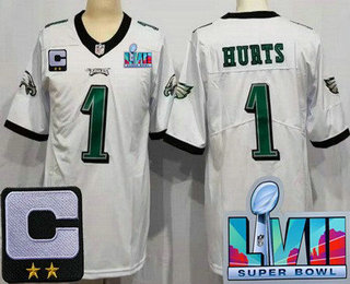 Men's Philadelphia Eagles #1 Jalen Hurts Limited White C Patch Super Bowl LVII Vapor Jersey