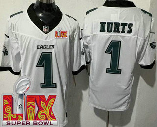 Men's Philadelphia Eagles #1 Jalen Hurts Limited White Super Bowl LIX FUSE Vapor Jersey